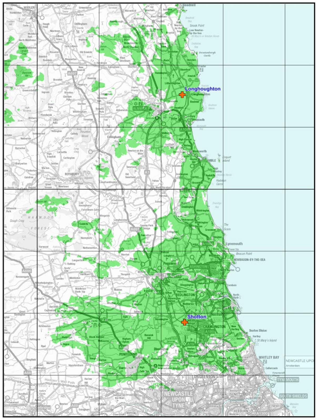 Predicted indoor coverage map for the Northumberland small-scale DAB multiplex, Block 8B